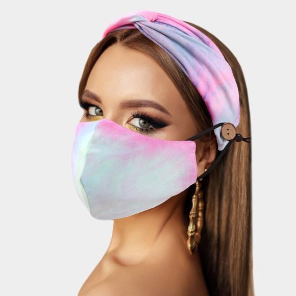 Accessories - Tie Dye Print Cotton Fashion Mask Headband Set
